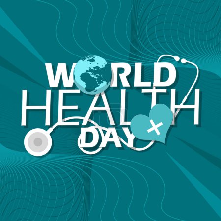 Illustration for World Health Day event banner. Bold text with earth, stethoscope and heart on turquoise background to commemorate on April 7th - Royalty Free Image