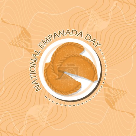 Photo for National Empanada Day event banner. Spanish pastries on white plate with bold text on light brown background to celebrate on April 8th - Royalty Free Image