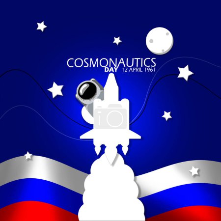 Cosmonautics Day event banner. A space shuttle with an astronaut, Russian flag, stars and moon on dark blue background to commemorate on April 12th