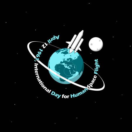 Banner del Día Internacional de los Vuelos Espaciales Humanos. Órbitas de naves espaciales en el espacio para conmemorar el 12 de abril