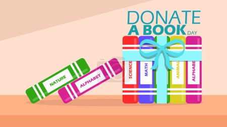 National Donate a Book Day event banner. Libros atados con cinta en una mesa marrón para celebrar el 14 de abril