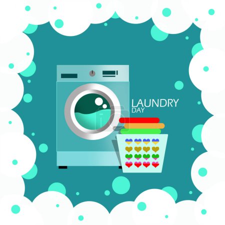 Illustration for National Laundry Day event banner. Washing machine with basket filled with clothes and soap foam frame on turquoise background to celebrate April 15th - Royalty Free Image