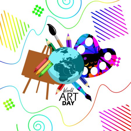 Veranstaltungsbanner zum Weltkunsttag. Eine Erde mit Kunstwerkzeugen auf weißem Hintergrund zum Feiern am 15. April