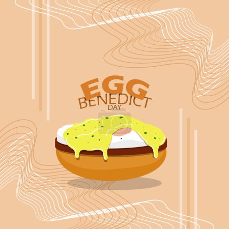 National Eggs Benedict Day event banner. Typical American lunch topped with boiled eggs, bacon and hollandaise sauce on a light brown background to celebrate on April 16th