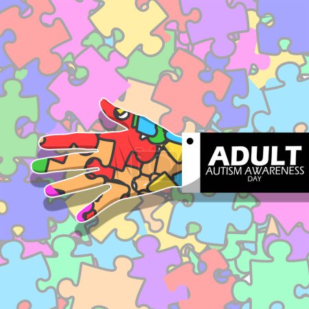 Veranstaltungs-Banner zum Tag des Bewusstseins für Autismus bei Erwachsenen. Erwachsene Hände auf bunten Puzzleteilen Hintergrund zum Gedenken am 18. April