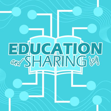Illustration for Education and Sharing Day event banner. Bold text with a book and sharing network on light blue background to celebrate on April 18th - Royalty Free Image