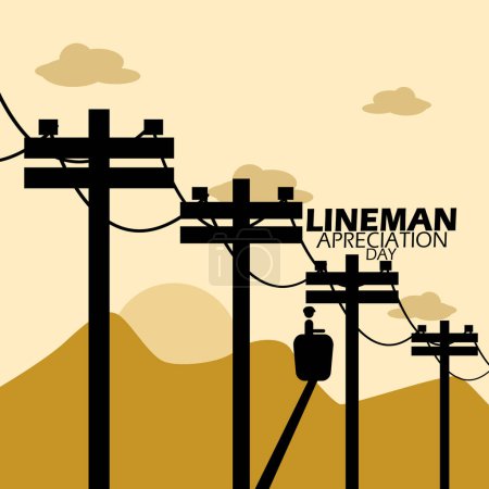Ilustración de Banner del evento Lineman Appreciation Day. Polo eléctrico con trabajadores eléctricos en el fondo de la montaña para conmemorar el 18 de abril - Imagen libre de derechos