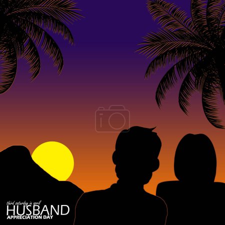 Banner del evento del Día de Apreciación del Esposo. Un marido y su esposa están mirando a la puesta de sol para celebrar en abril