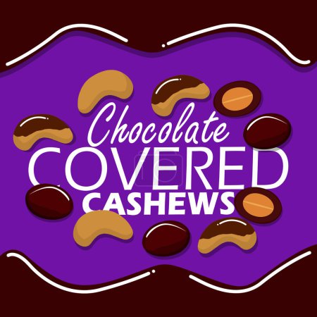 Bannière de l'événement National Chocolate Covered Cashew Day. Texte gras aux noix de cajou recouvert de chocolat sur fond violet foncé pour célébrer le 21 avril
