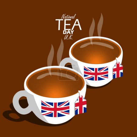 National Tea Day event banner. Two white cups with British flag on brown background to celebrate on April 21st