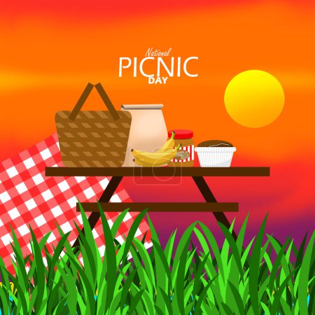 Banner del Día Nacional de Picnic. Cesta de picnic con comida en una mesa en un césped cubierto de hierba al atardecer para celebrar el 23 de abril
