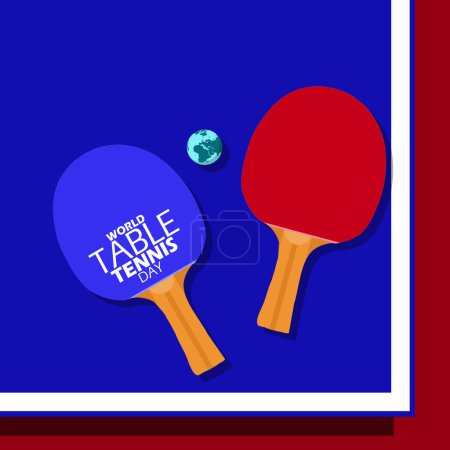 Banner del evento del Día Mundial del Tenis de Mesa. Dos murciélagos de tenis de mesa y una pelota de ping pong en forma de tierra en tenis de mesa para celebrar el 23 de abril