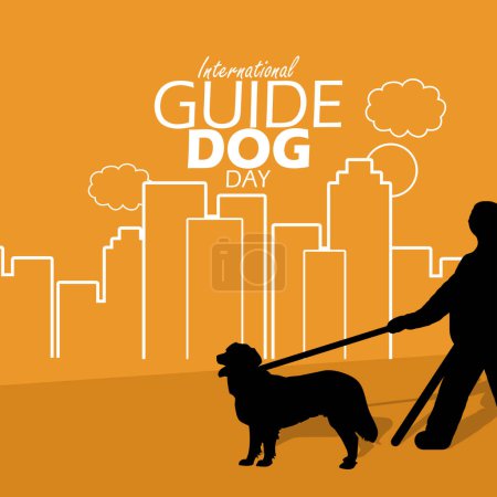 Veranstaltungs-Banner zum Internationalen Tag des Blindenhundes. Ein blinder Mann wird von seinem geliebten Hund mit einer Zeilenkunst-Illustration einer Stadt auf hellbraunem Hintergrund geführt, um am 1. April zu feiern