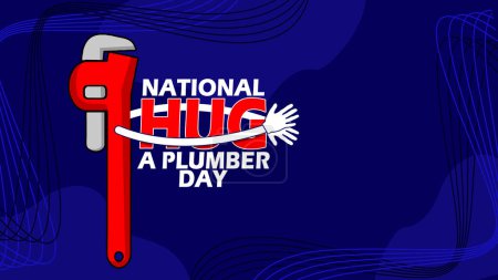Bannière nationale de l'événement Hug a Plumber Day. Clé serrant le mot HUG sur fond bleu foncé pour célébrer le 25 avril