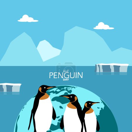 Veranstaltungsbanner zum Weltpinguintag. Mehrere Pinguine mit der Erde auf dem Hintergrund von Eisbergen im Ozean zum Feiern am 25. April