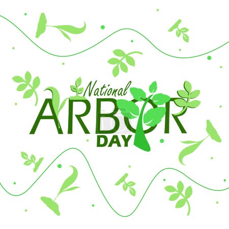 National Arbor Day event banner. Bold text with small plant decorations on white background to celebrate on April 26th