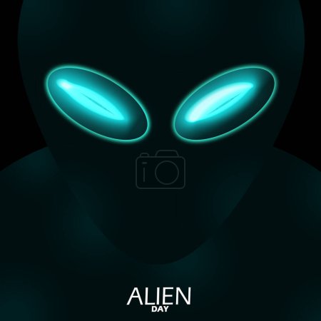 Bannière de l'événement Alien Day. Créature extraterrestre aux yeux brillants sur fond noir pour célébrer le 26 avril