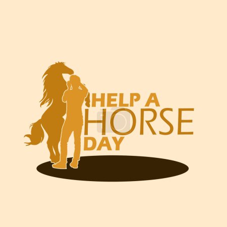 National Help a horse day event banner. Un cheval soigné par son propriétaire, avec un texte audacieux sur fond brun clair pour célébrer le 26 avril