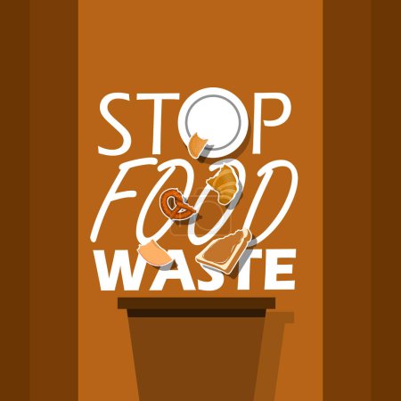 Banner del evento Stop Food Waste Day. Placa blanca arroja restos de comida sin terminar a la basura sobre fondo marrón para celebrar el 26 de abril