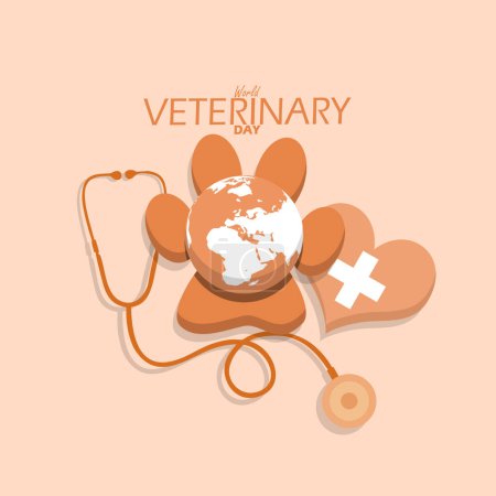Banner del Día Mundial Veterinario. Icono de pata con tierra, estetoscopio y corazón sobre fondo marrón claro para celebrar en abril