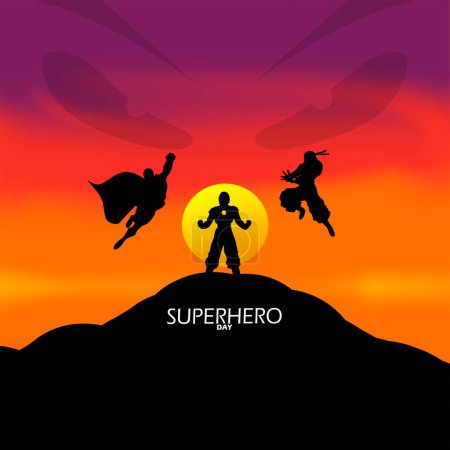 Bannière d'événement de la Journée nationale des super-héros. Illustration de superhéros sur une colline au coucher du soleil pour célébrer le 28 avril