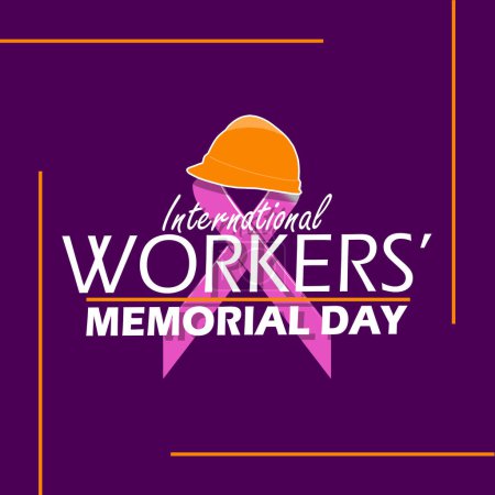 Illustration for Workers' Memorial Day event banner. A worker's helmet with a purple ribbon and bold text on dark purple background to commemorate on April 28th - Royalty Free Image