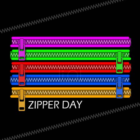 Veranstaltungs-Banner zum Nationalen Zipper Day. Mehrere Reißverschlüsse mit verschiedenen Farbvarianten auf schwarzem Hintergrund zum Feiern am 29. April