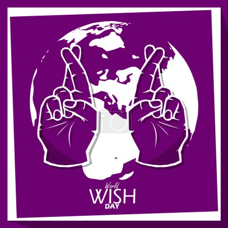 Illustration for World Wish Day event banner. Illustration of a crossed fingers gesture with the earth on a dark purple background to celebrate April 29th - Royalty Free Image