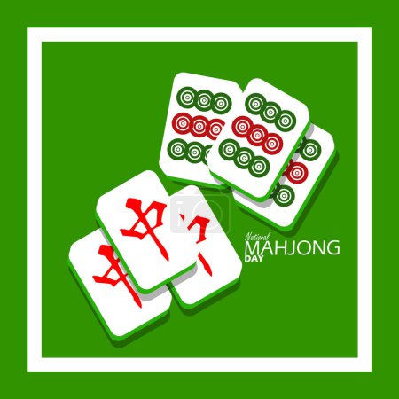Veranstaltungsbanner zum nationalen Mahjong-Tag. Mahjong-Fliesen mit fettem Text in Rahmen auf grünem Hintergrund, um am 30. April zu feiern. Übersetzt: Mitte