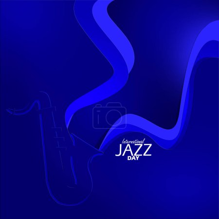 Téléchargez les illustrations : Bannière de la Journée internationale du jazz. Une icône de saxophone émet des ondes sonores sur un fond bleu foncé pour célébrer le 30 avril - en licence libre de droit