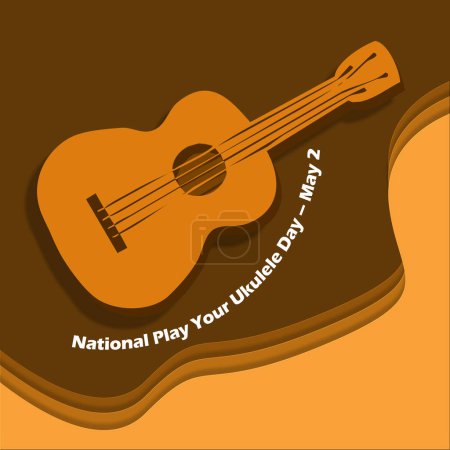 National Play Your Ukulele Day event banner. A ukulele guitar on brown background to celebrate on May 2nd