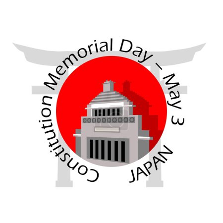 Banner del evento del Día de la Constitución. Ilustración del edificio The Diet en Tokio en círculo rojo, símbolo de la bandera japonesa sobre fondo blanco para conmemorar el 3 de mayo en Japón