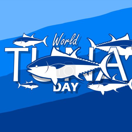 World Tuna Day event banner. Swimming tuna fish and bold text on a blue background to celebrate May 2nd