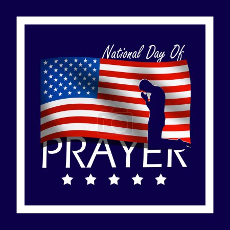 Photo for National Day of Prayer event banner. A flying American flag with an illustration of someone praying, with bold text in frame on dark blue background to celebrate on May 2nd - Royalty Free Image
