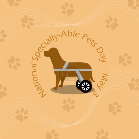National Specially-Able Pets Day event banner. Icon of a dog using a wheel on its hind legs on light brown background to celebrate on May 3rd