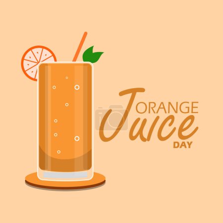 National Orange Juice Day event banner. A glass of orange juice on a wooden plate on a bright orange background to celebrate on May 4th