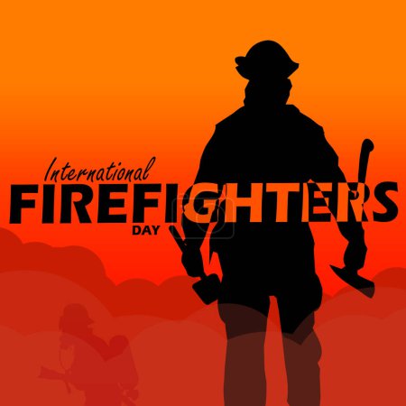 Veranstaltungsbanner zum Internationalen Tag der Feuerwehr. Illustration eines Feuerwehrmannes mit fettem Text auf orangefarbenem Hintergrund zum Gedenken am 4. Mai