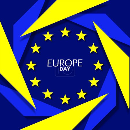 Bannière de la Journée de l'Europe. Drapeau européen uni avec des étoiles tournantes sur fond bleu pour commémorer le 5 mai