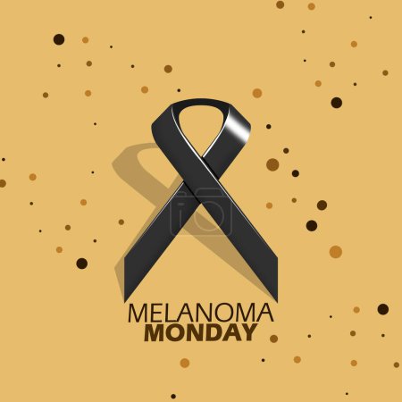 Melanoma Monday event banner. A black ribbon with an illustration of body skin with dark patches to commemorate on May