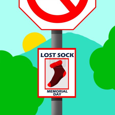 Ilustración de Banner del evento Lost Sock Memorial Day. Un tablón de anuncios que contiene noticias de la pérdida está colgado en un cartel con un fondo montañoso para celebrar el 9 de mayo - Imagen libre de derechos