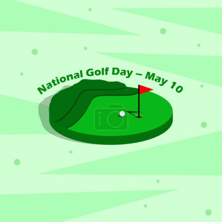Veranstaltungs-Banner zum National Golf Day. Illustration eines Golfplatzes mit Golfball und Fahne auf hellgrünem Hintergrund zur Feier am 10. Mai
