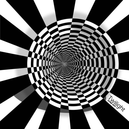 Banner del evento Twilight Zone Day. Espirales blancos y negros hipnotizan para celebrar el 11 de mayo 