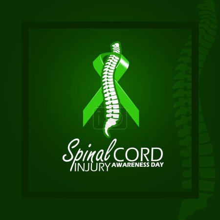 Spinal Cord Injury Awareness Day event banner. A green ribbon with spine in frame on dark green background to commemorate on May 14th