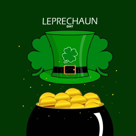 National Leprechaun Day event banner. Leprechaun's green hat on a black stove containing gold coins on dark green background to celebrate on May 13th