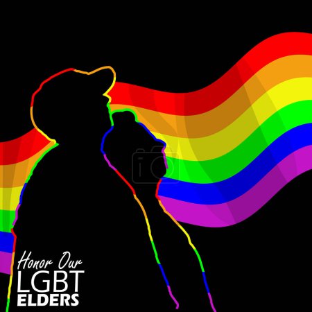 National Honor Our LGBT Elders Day event banner. Illustration of elders looking up with the LGBT flag flying on black background to celebrate on May 16th