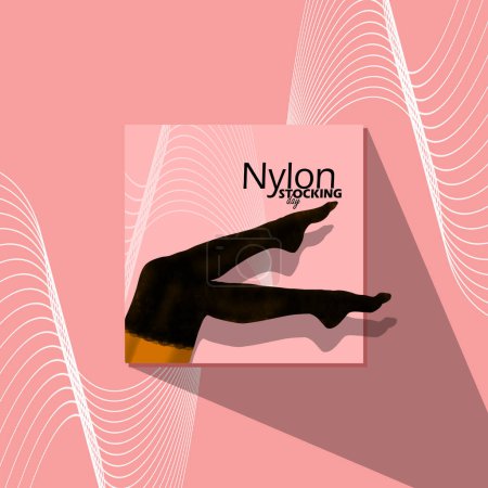 Bannière d'événement de la Journée nationale du stockage en nylon. Illustration des jambes d'une femme portant des bas en nylon noir à bord sur fond rose pour célébrer le 15 mai