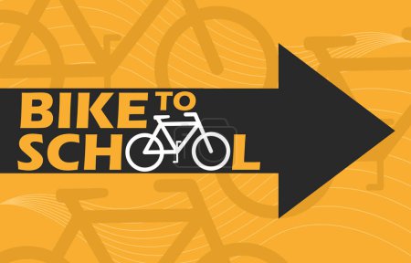 Bannière d'événement Bike To School Day. Icône de vélo avec texte gras en flèche noire sur fond brun clair pour célébrer le 17 mai