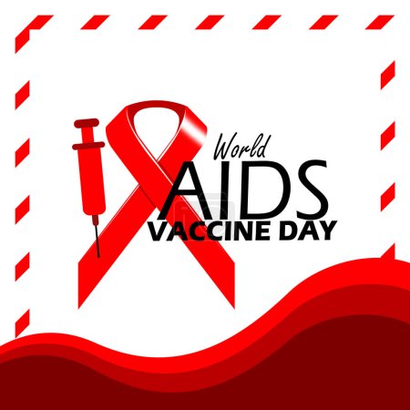 World AIDS Vaccine Day event banner. Red ribbon with icon of an injection on white background to commemorate on May 18th