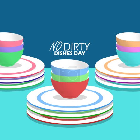 National No Dirty Dishes Day event banner. Stack clean plates and bowls on table to celebrate on May 18th