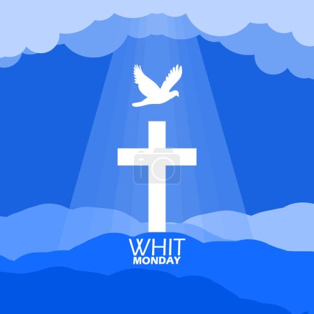 Ilustración de Banner del evento Whit Monday. Una cruz en una colina con un pájaro blanco iluminado por la luz sagrada del cielo para celebrar en mayo - Imagen libre de derechos